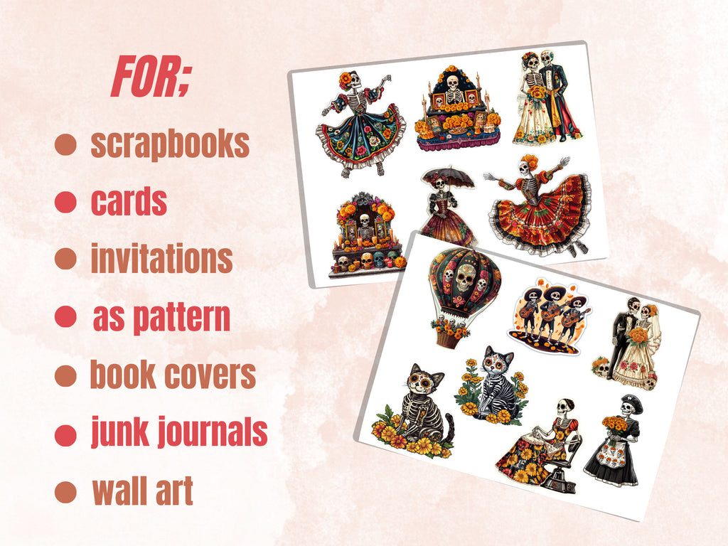 Day of the Dead Fussy Cut Pages, Dia de Los Muertos Fussy Cut, La Catrina Add On Journal Kit, Mexican Scrapbooking, Floral Skull Sticker Set