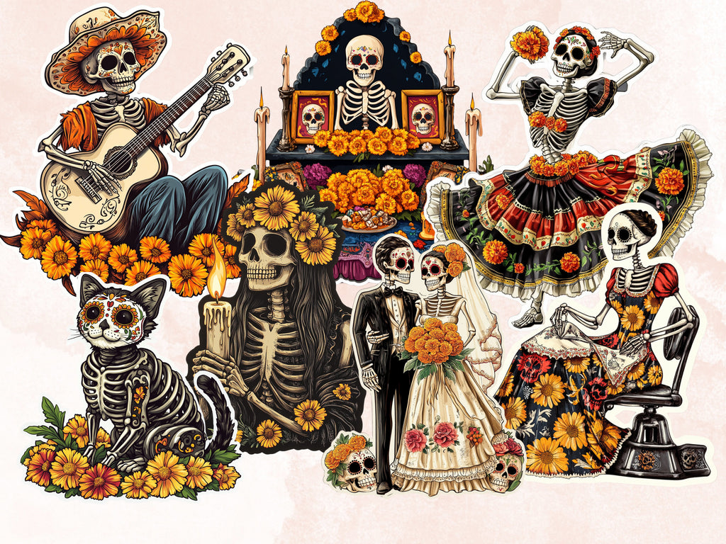 Day of the Dead Fussy Cut Pages, Dia de Los Muertos Fussy Cut, La Catrina Add On Journal Kit, Mexican Scrapbooking, Floral Skull Sticker Set