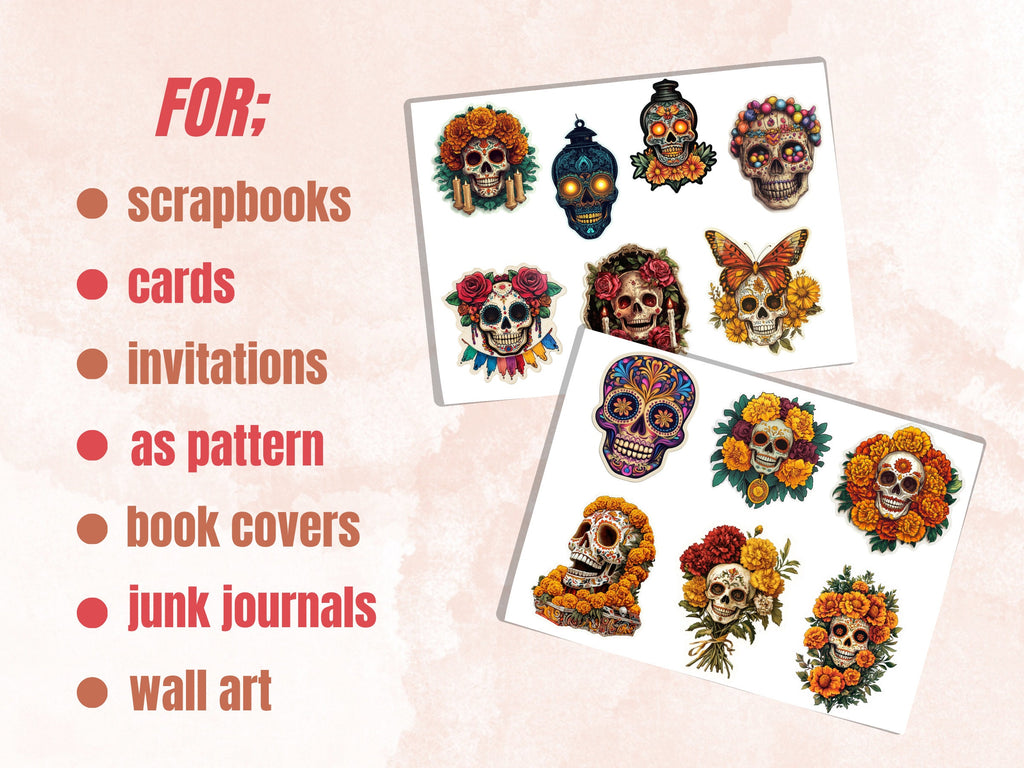 Sugar Skull Fussy Cut Pages, Floral Skull Fussy Cut Ephemera, Fantasy Add On Journal Kit, Dia de Los Muertos Scrapbooking, Skull Sticker