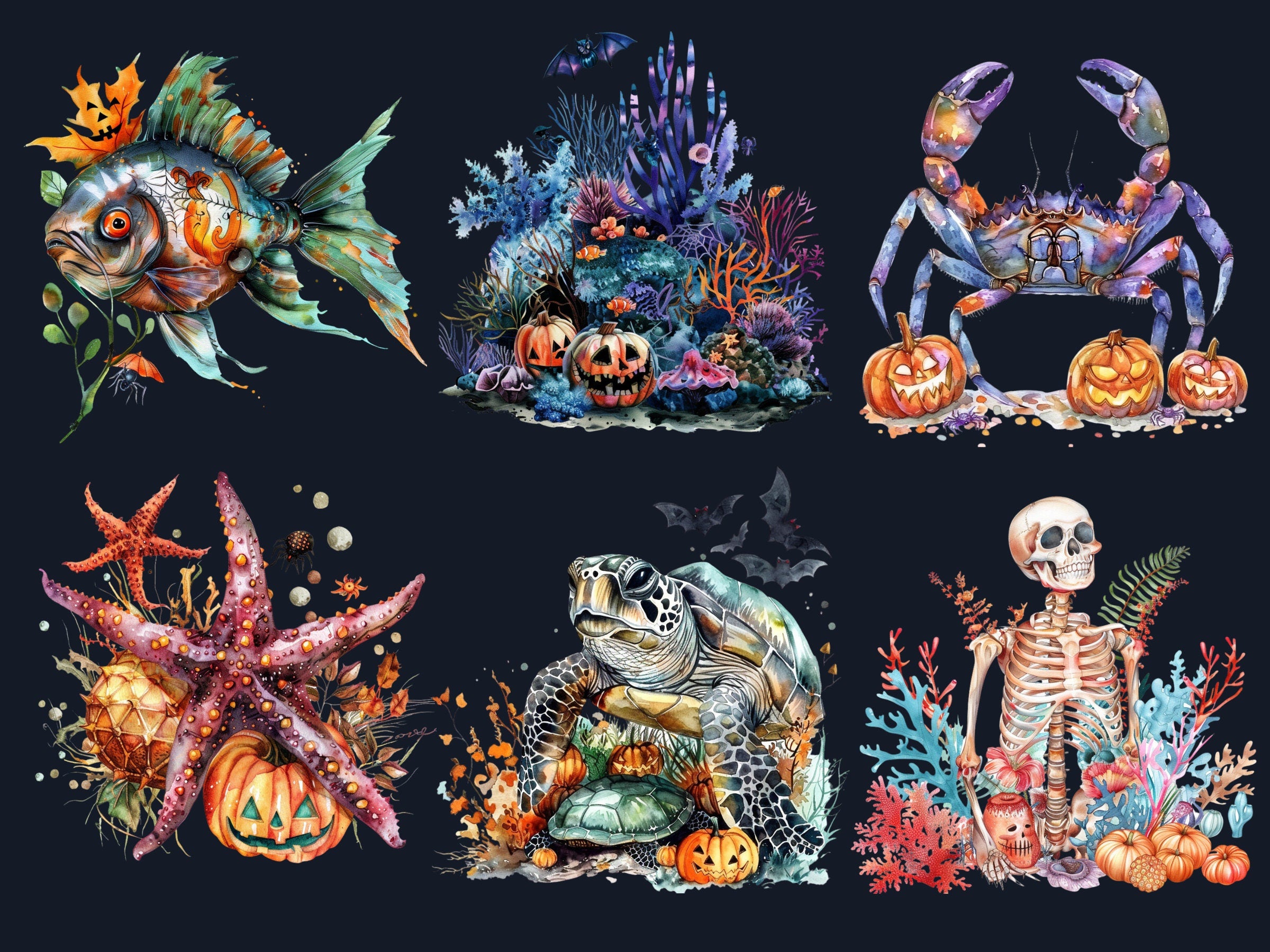 40 PNG Watercolor Underwater Halloween Clipart, Fantasy Halloween Sublimation, Creepy Ocean Witch Clip art, Spooky Sea Animals png bundle