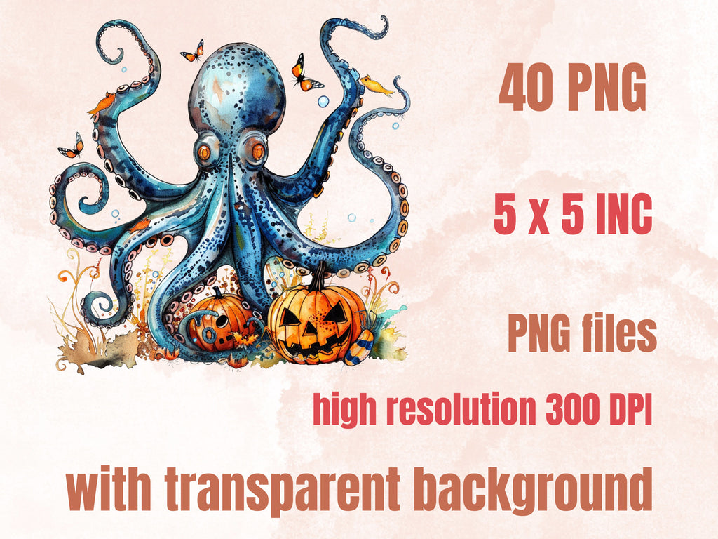 40 PNG Watercolor Underwater Halloween Clipart, Fantasy Halloween Sublimation, Creepy Ocean Witch Clip art, Spooky Sea Animals png bundle