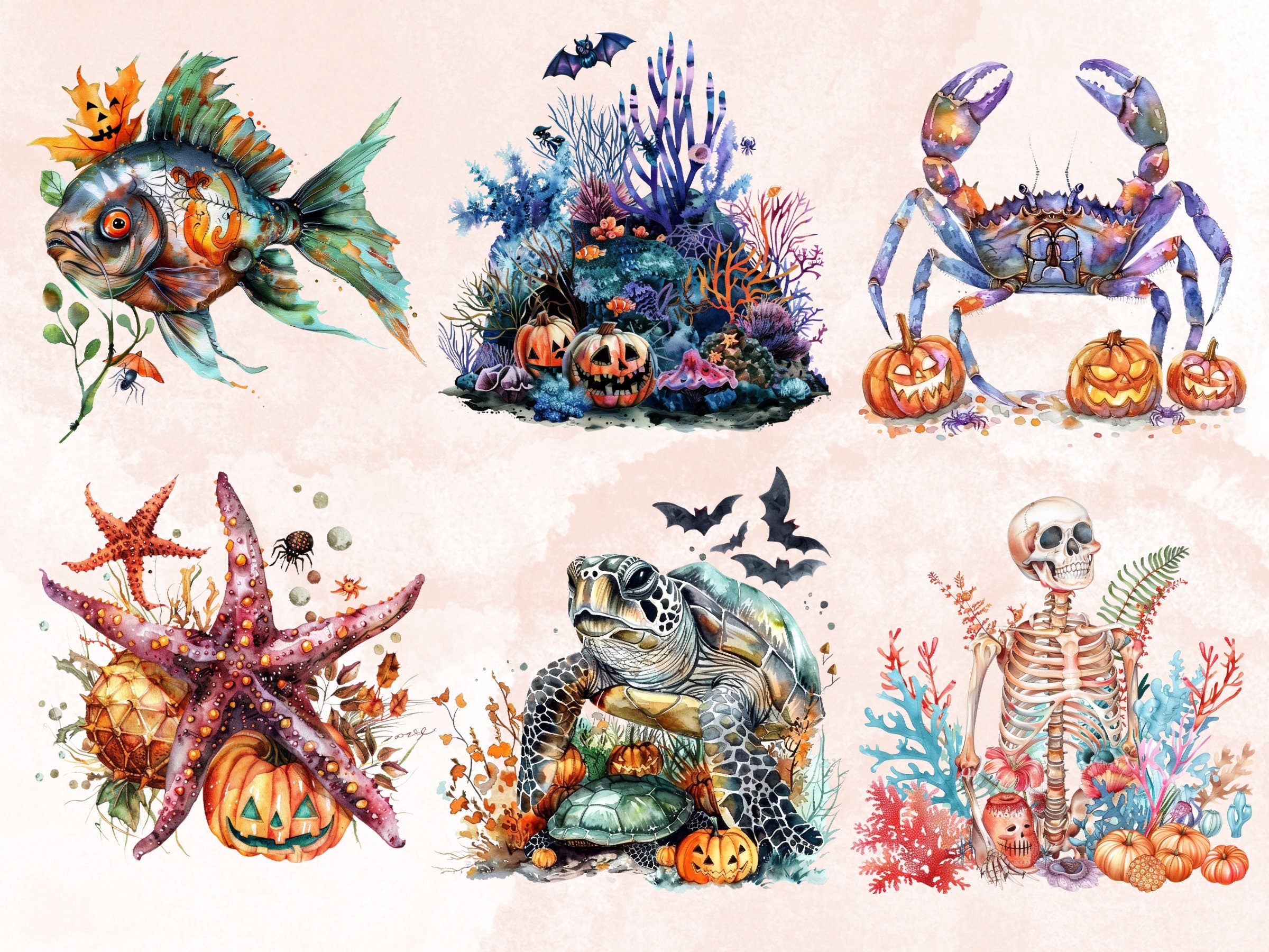 40 PNG Watercolor Underwater Halloween Clipart, Fantasy Halloween Sublimation, Creepy Ocean Witch Clip art, Spooky Sea Animals png bundle