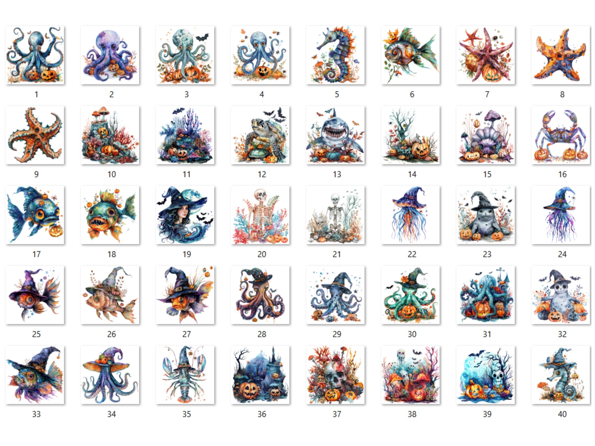 40 PNG Watercolor Underwater Halloween Clipart, Fantasy Halloween Sublimation, Creepy Ocean Witch Clip art, Spooky Sea Animals png bundle