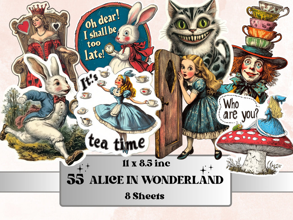 Alice in Wonderland Fussy Cut Pages, Whimsical Alice Fussy Cut Ephemera Collection, Fairytale Add On Journal Kit, Tea Time Scrapbooking
