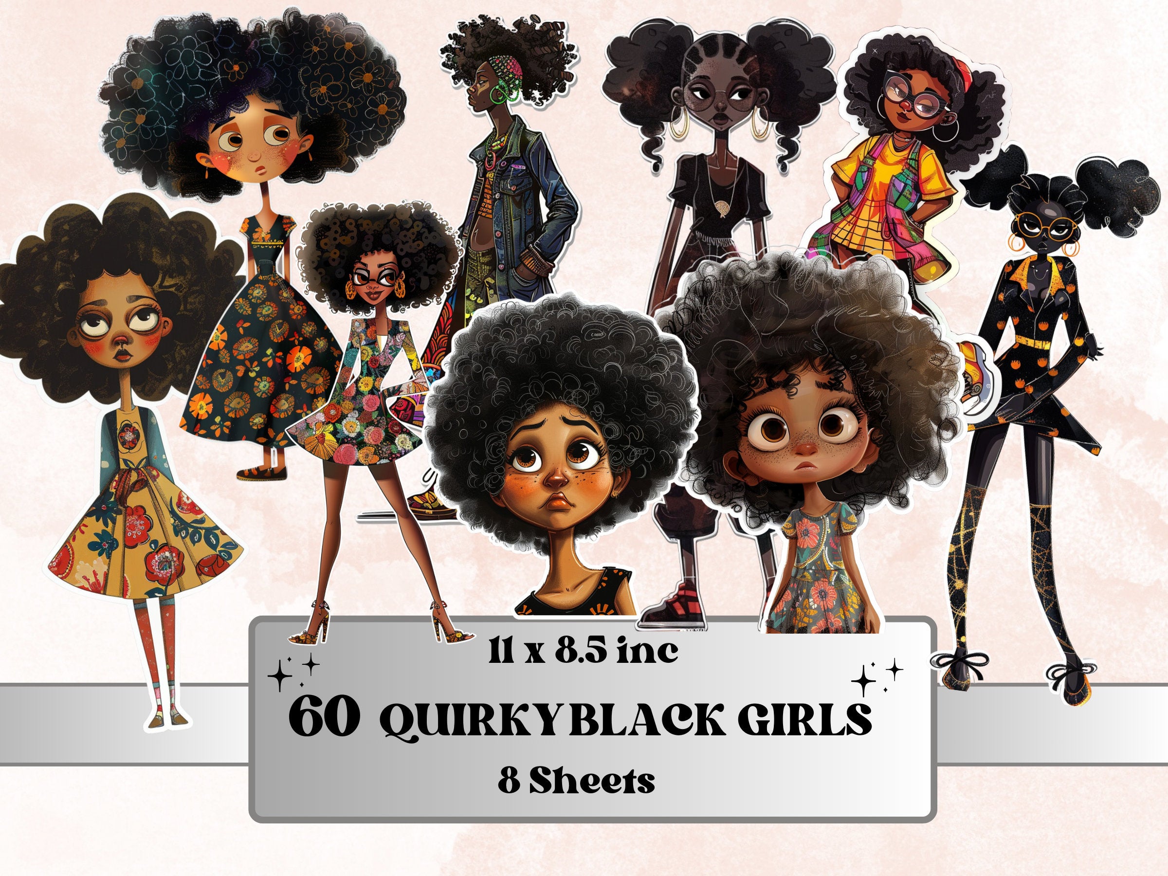 Quirky Black Girls Fussy Cut Pages, Whimsical Afro Girl Fussy Cut Ephemera, Mixed Media Art Add On Journal Kit, Black Girl Scrapbooking