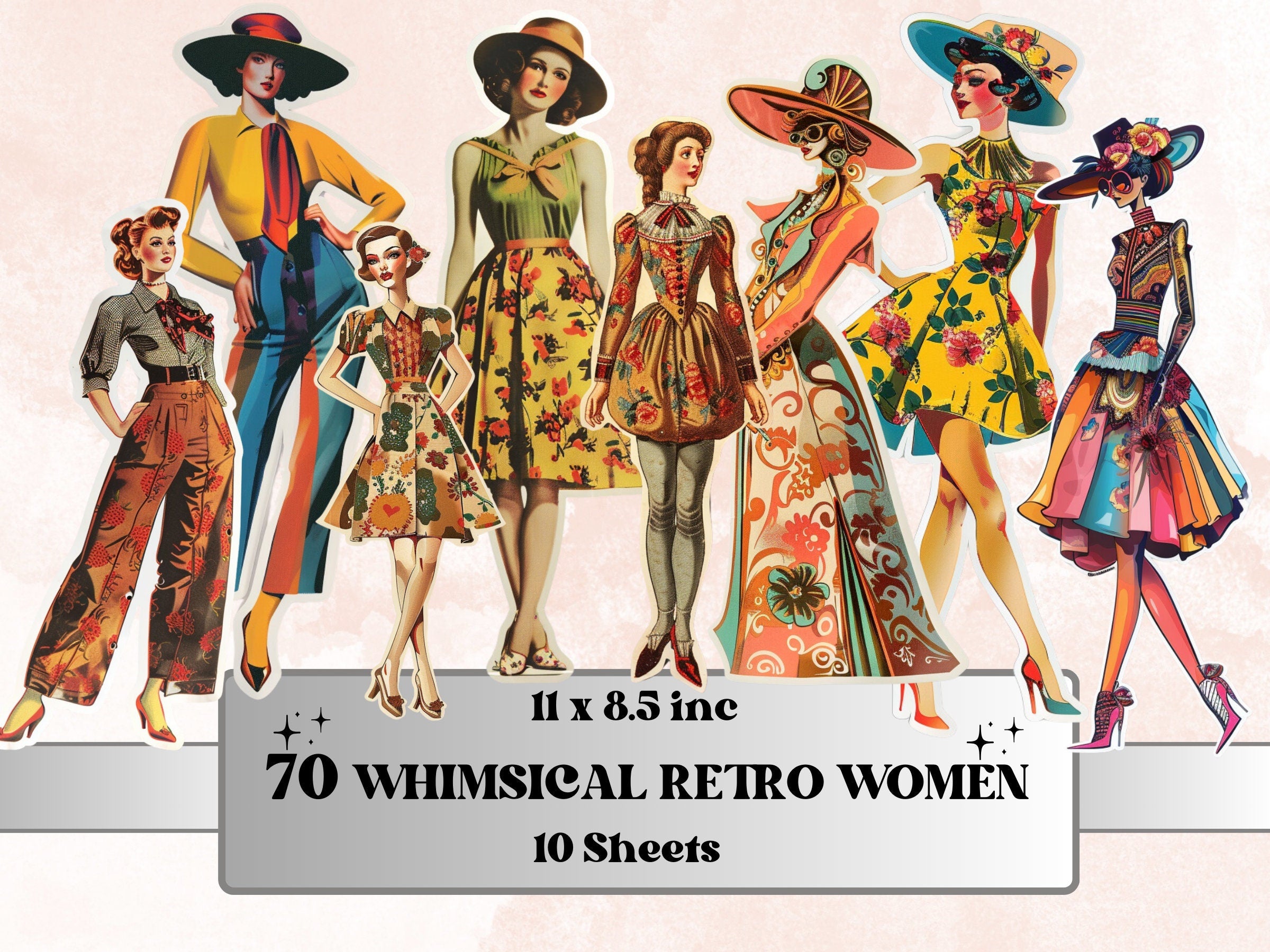 Whimsical Retro Women Fussy Cut Pages, Vintage Ladies Fussy Cut Ephemera Collection, Fashion Add On Journal Kit, Mixed Media Scrapbooking