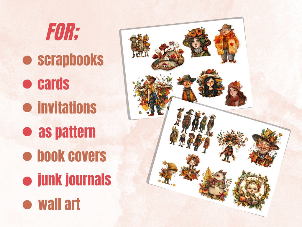 Whimsical Fall Fussy Cut Pages, Quirky Autumn Fussy Cut Ephemera, Quirky Fall Add On Journal Kit, Whimsical Scrapbooking, Fall Sticker Set
