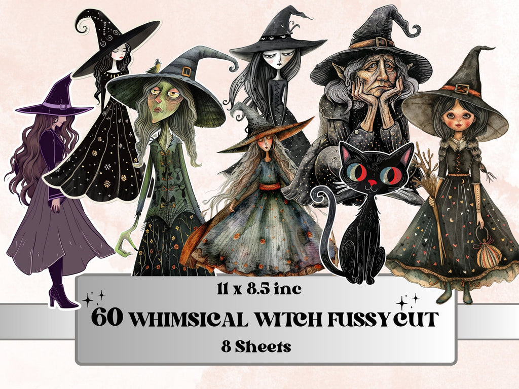 Whimsical Witch Fussy Cut Pages, Quirky Witch Fussy Cut Ephemera, Quirky Halloween Add On Journal Kit, Witchcraft Scrapbooking, Girl Sticker