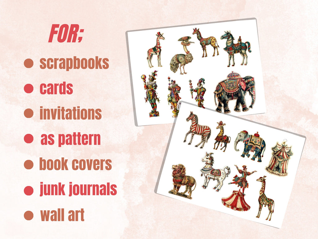 Whimsical Vintage Circus Fussy Cut Pages, Victorian Carnival Fussy Cut Ephemera Sheet, Circus Journal Add On Kit, Mixed Media Collage Sheet