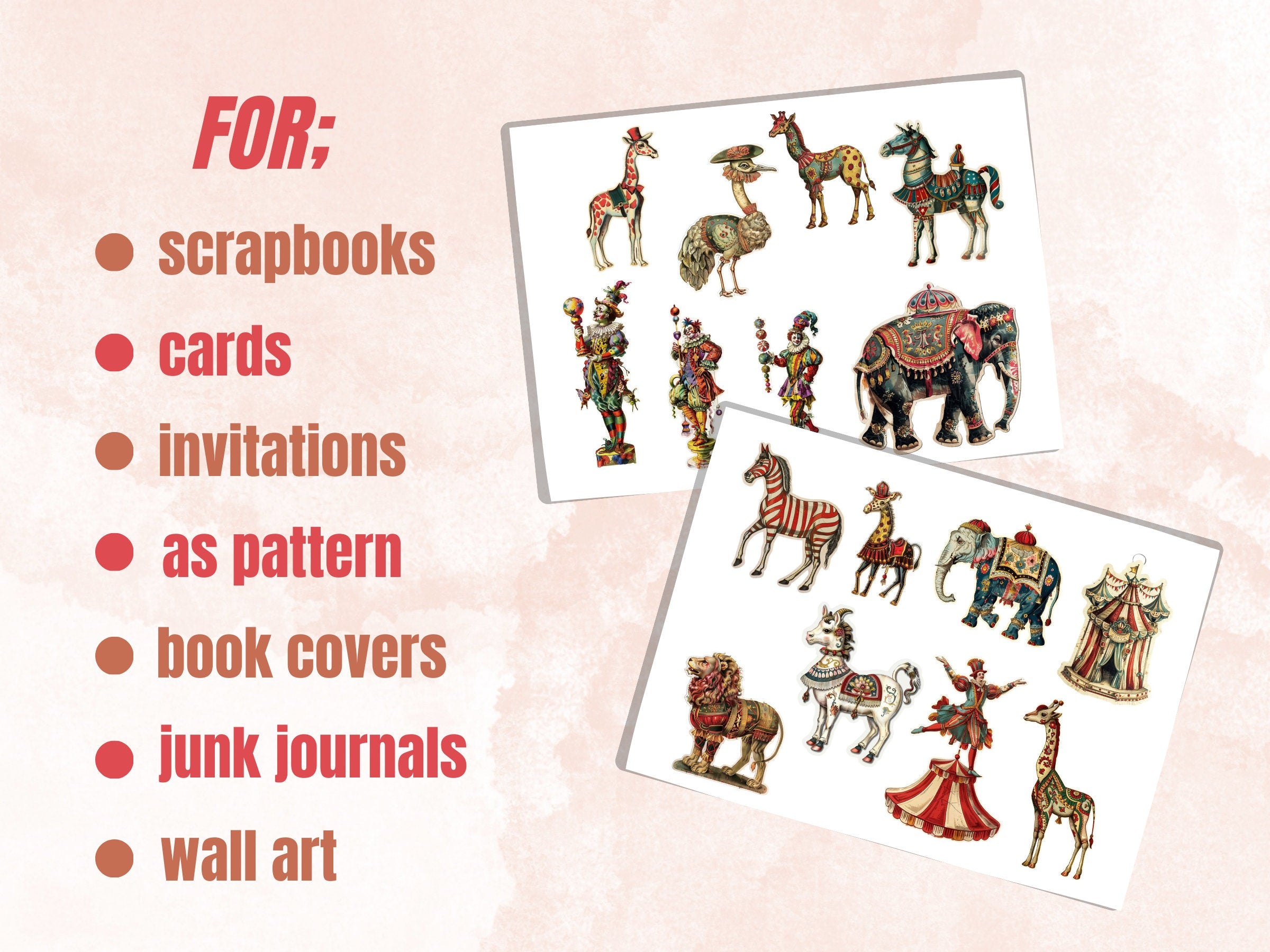 Whimsical Vintage Circus Fussy Cut Pages, Victorian Carnival Fussy Cut Ephemera Sheet, Circus Journal Add On Kit, Mixed Media Collage Sheet