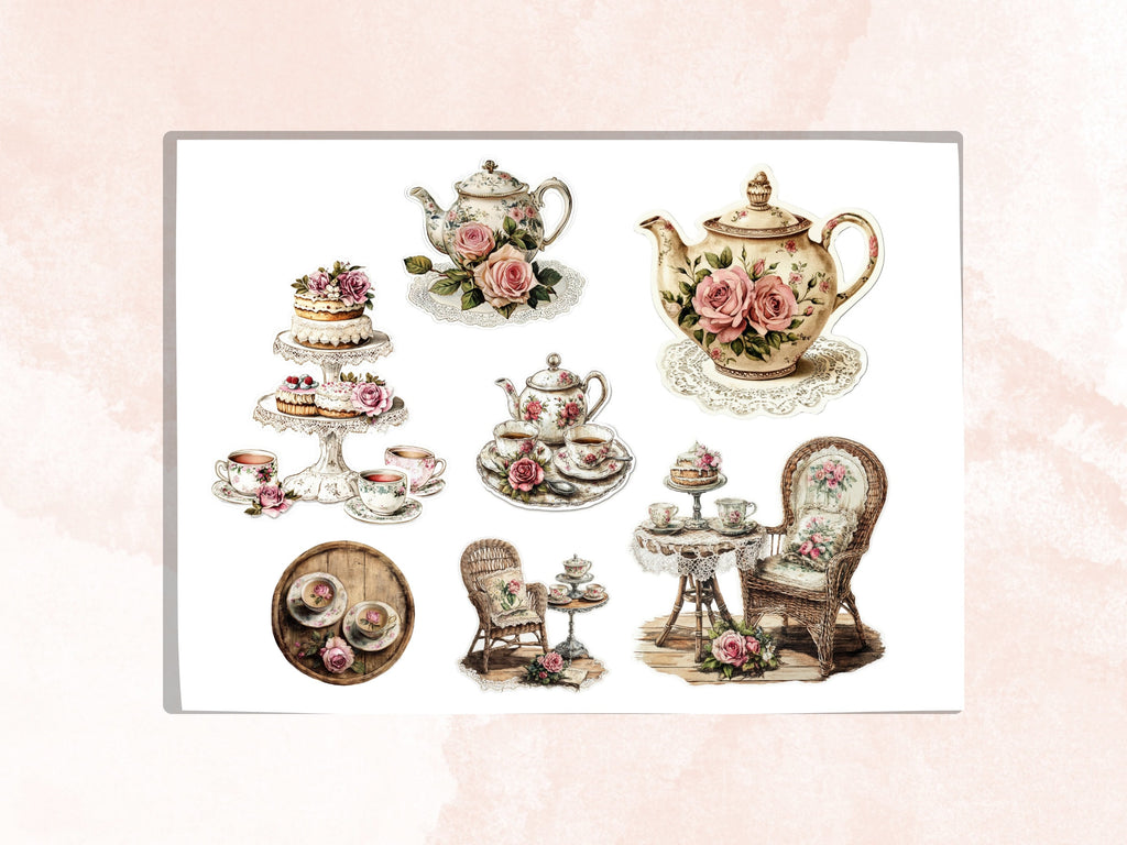 Shabby Chic Fussy Cut Pages, Floral Tea Party Fussy Cut Ephemera Sheet, Tea Time Journal Add On Kit, Shabby Floral Mixed Media Collage Sheet