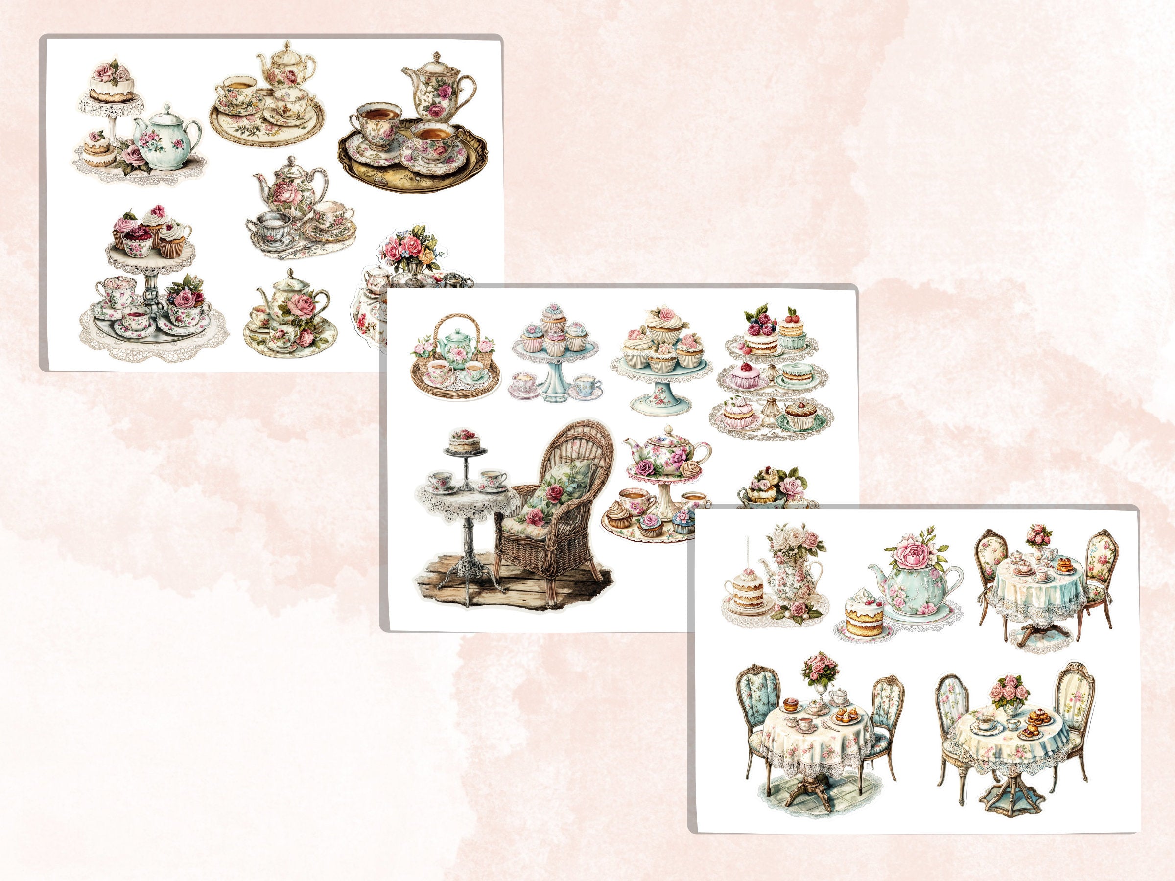 Shabby Chic Fussy Cut Pages, Floral Tea Party Fussy Cut Ephemera Sheet, Tea Time Journal Add On Kit, Shabby Floral Mixed Media Collage Sheet