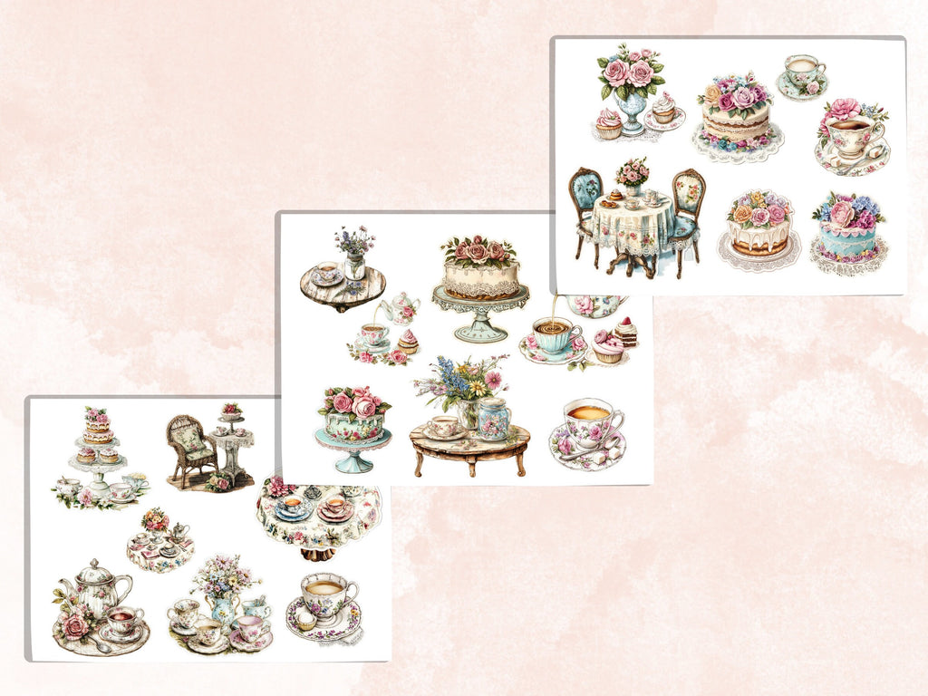 Shabby Chic Fussy Cut Pages, Floral Tea Party Fussy Cut Ephemera Sheet, Tea Time Journal Add On Kit, Shabby Floral Mixed Media Collage Sheet