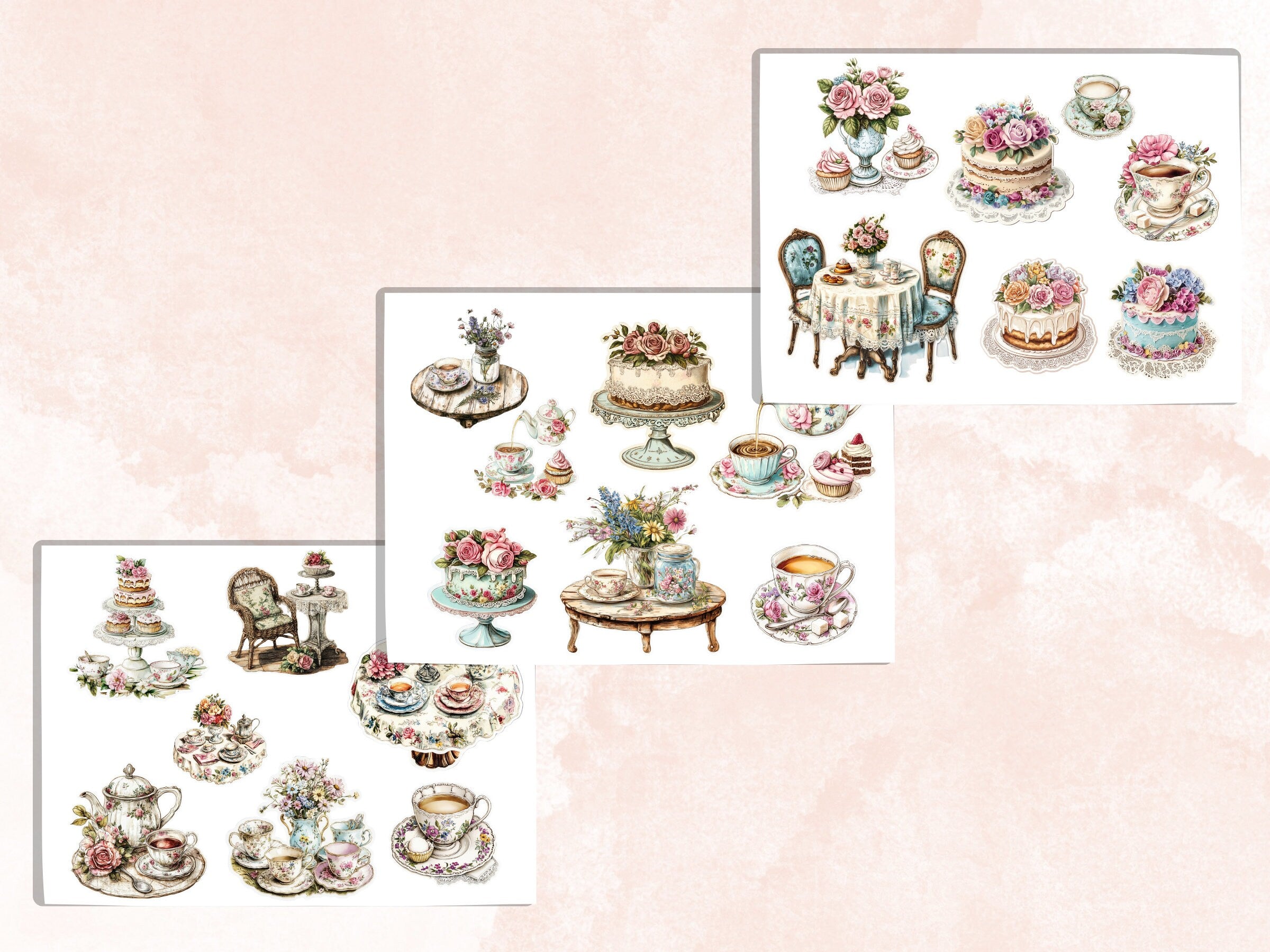 Shabby Chic Fussy Cut Pages, Floral Tea Party Fussy Cut Ephemera Sheet, Tea Time Journal Add On Kit, Shabby Floral Mixed Media Collage Sheet