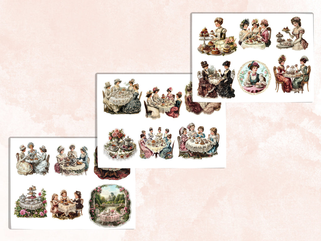 Victorian Tea Party Fussy Cut Pages, Floral Tea Time Fussy Cut Ephemera Sheet, Tea Time Journal Add On Kit, Victorian Mixed Media Collage