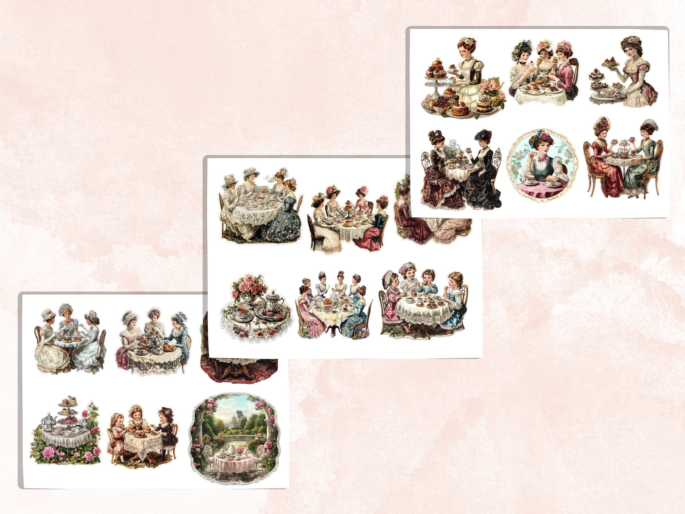 Victorian Tea Party Fussy Cut Pages, Floral Tea Time Fussy Cut Ephemera Sheet, Tea Time Journal Add On Kit, Victorian Mixed Media Collage