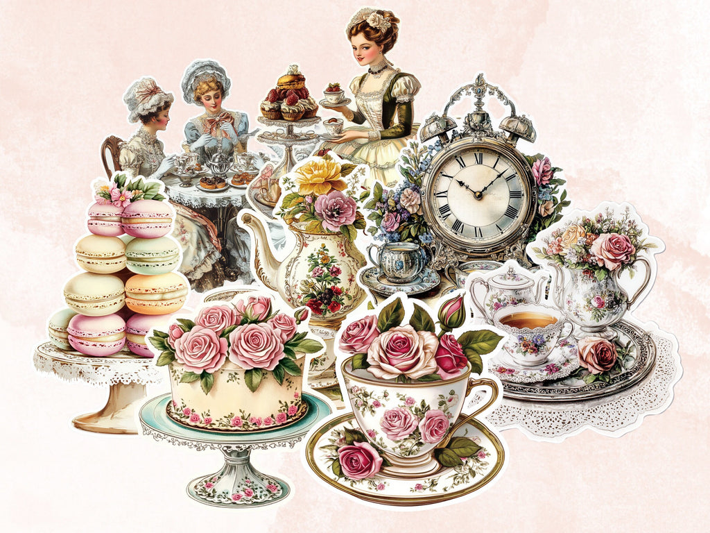 Victorian Tea Party Fussy Cut Pages, Floral Tea Time Fussy Cut Ephemera Sheet, Tea Time Journal Add On Kit, Victorian Mixed Media Collage