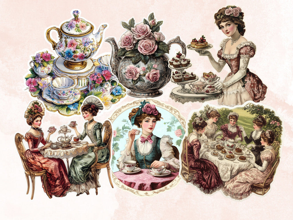 Victorian Tea Party Fussy Cut Pages, Floral Tea Time Fussy Cut Ephemera Sheet, Tea Time Journal Add On Kit, Victorian Mixed Media Collage