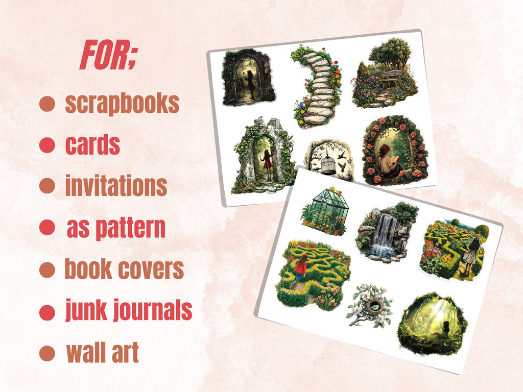 Secret Garden Fussy Cut Pages, Enchanted Forest Fussy Cut Sheet, Garden Ephemera Journal Add On Kit, Gardening Mixed Media Collage