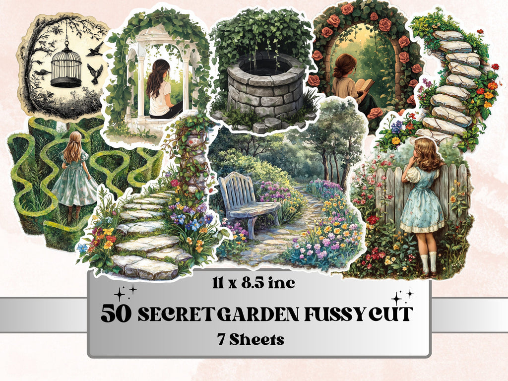 Secret Garden Fussy Cut Pages, Enchanted Forest Fussy Cut Sheet, Garden Ephemera Journal Add On Kit, Gardening Mixed Media Collage