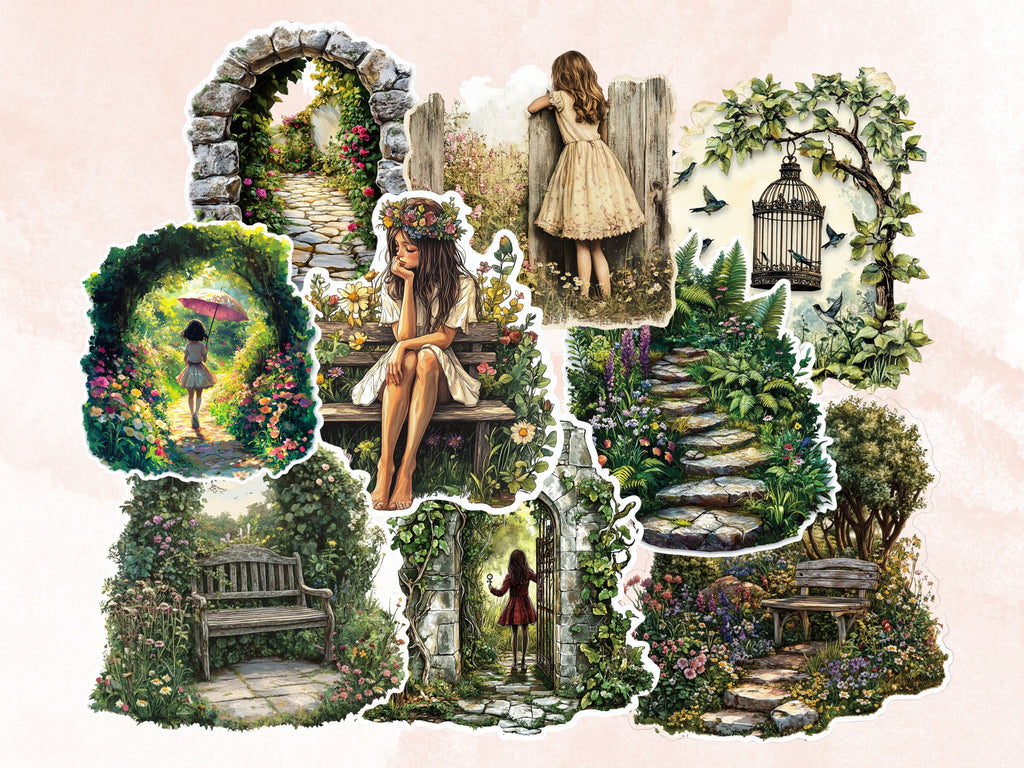 Secret Garden Fussy Cut Pages, Enchanted Forest Fussy Cut Sheet, Garden Ephemera Journal Add On Kit, Gardening Mixed Media Collage