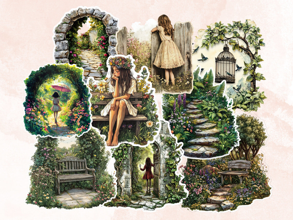 Secret Garden Fussy Cut Pages, Enchanted Forest Fussy Cut Sheet, Garden Ephemera Journal Add On Kit, Gardening Mixed Media Collage