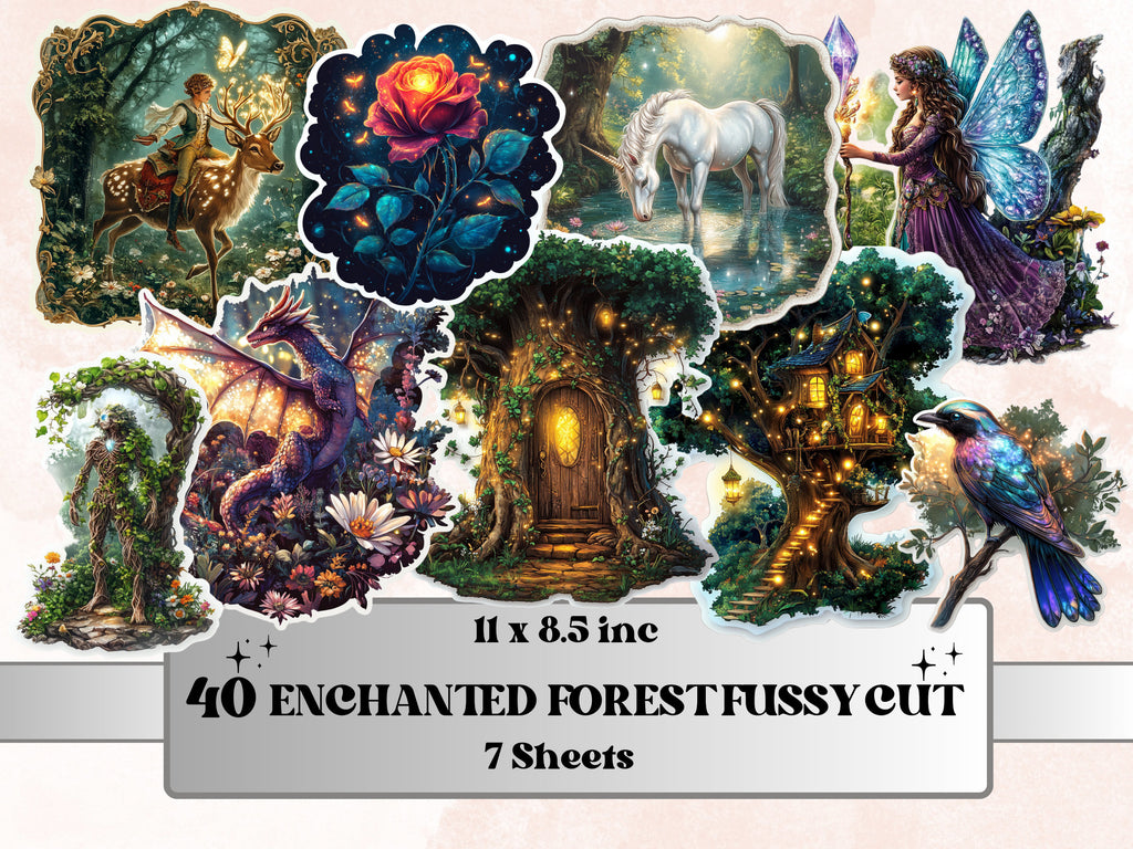 Enchanted Forest Fussy Cut Pages, Fantasy Forest Fussy Cut Ephemera Sheet, Magical Woodland Journal Add On Kit, Fairytale Mixed Media Sheet