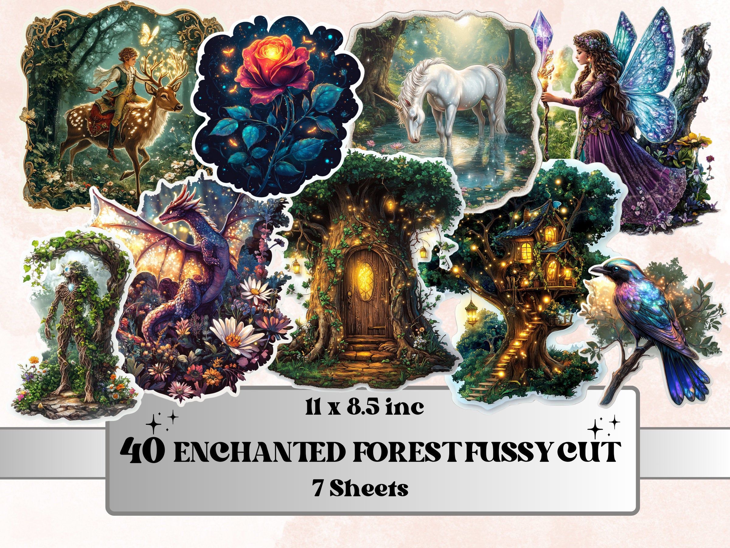 Enchanted Forest Fussy Cut Pages, Fantasy Forest Fussy Cut Ephemera Sheet, Magical Woodland Journal Add On Kit, Fairytale Mixed Media Sheet