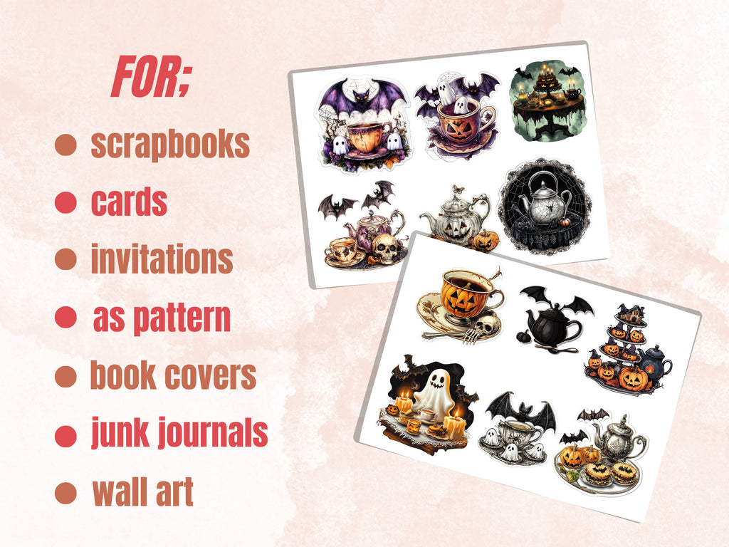 Halloween Tea Party Fussy Cut Pages, Victorian Tea Time Fussy Cut Ephemera Collection, Halloween Add On Journal Kit, Creepy Scrapbooking