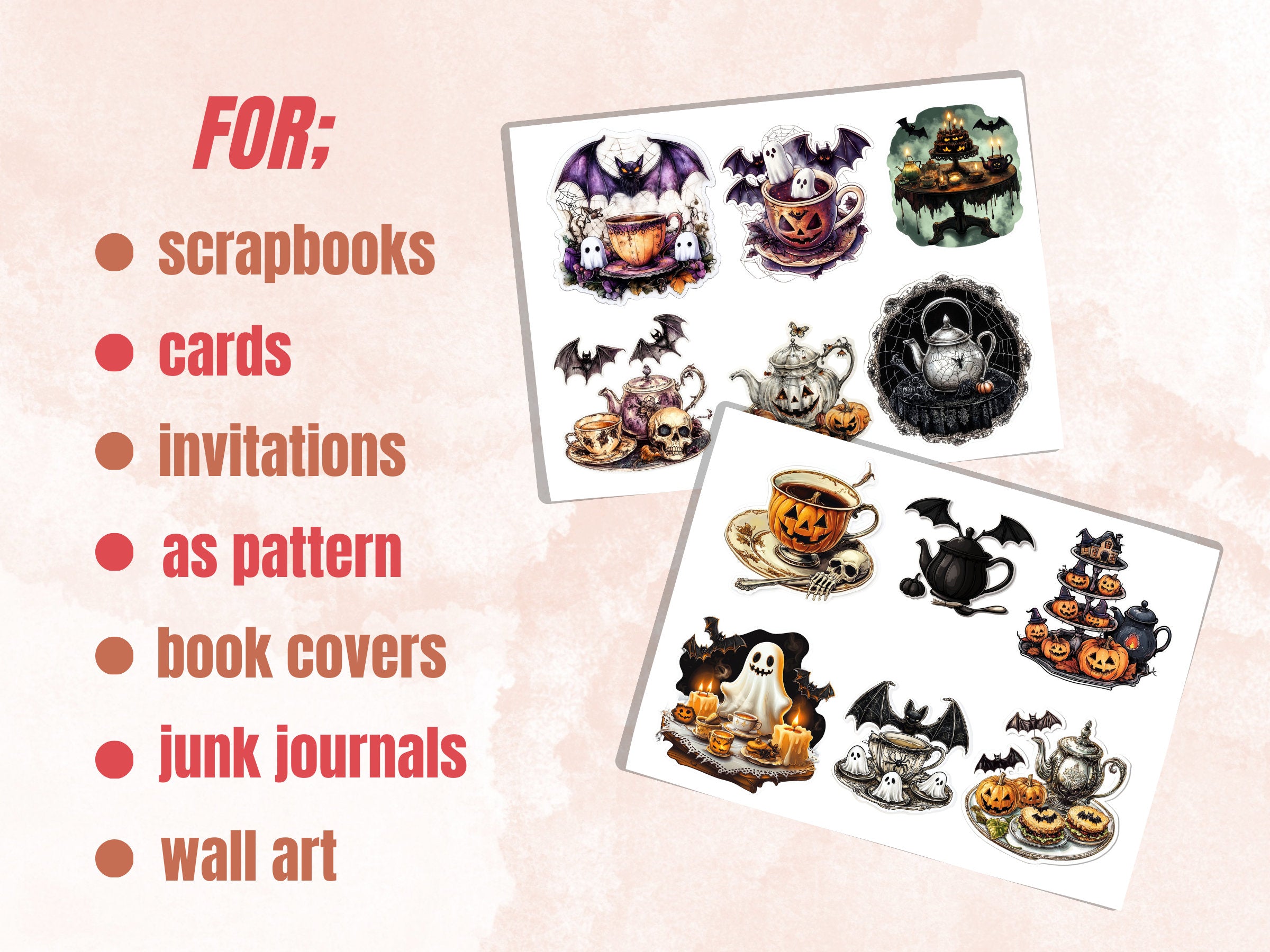 Halloween Tea Party Fussy Cut Pages, Victorian Tea Time Fussy Cut Ephemera Collection, Halloween Add On Journal Kit, Creepy Scrapbooking
