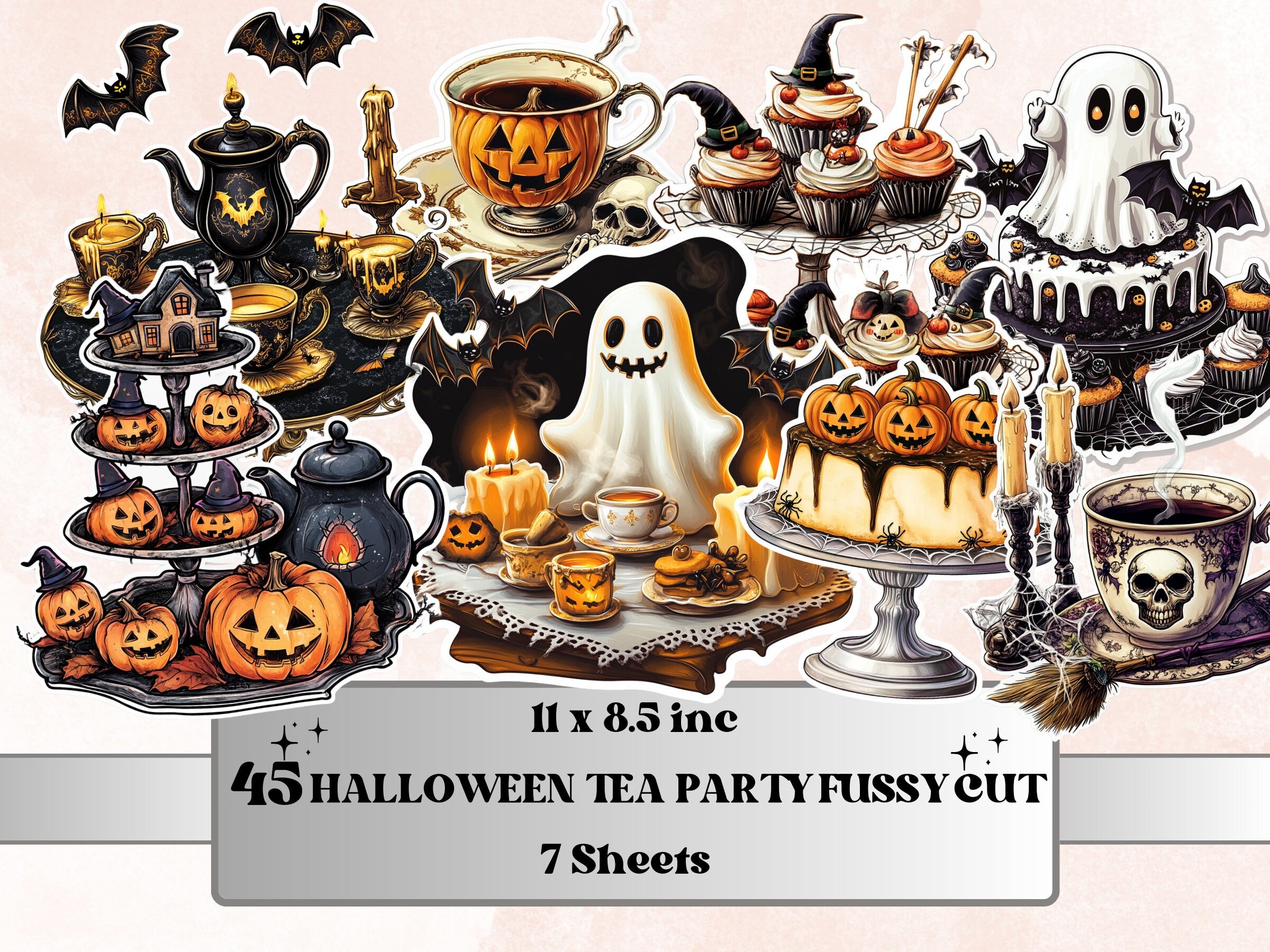 Halloween Tea Party Fussy Cut Pages, Victorian Tea Time Fussy Cut Ephemera Collection, Halloween Add On Journal Kit, Creepy Scrapbooking