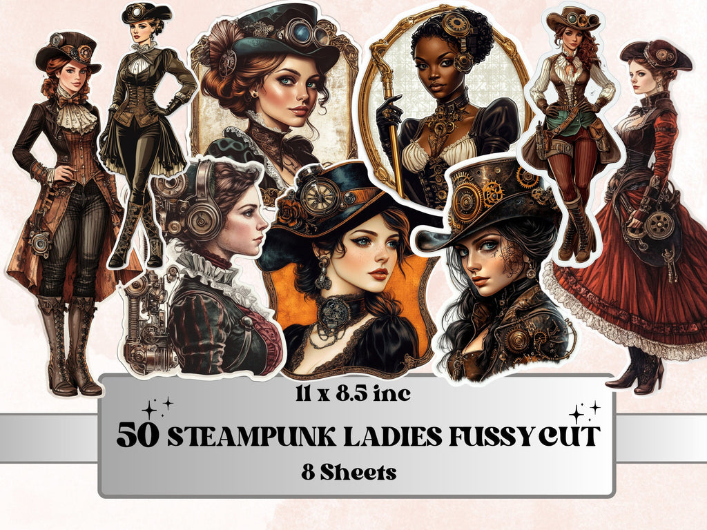 Whimsical Steampunk Lady Fussy Cut Pages, Vintage Woman Fussy Cut Ephemera Sheet, Steampunk Journal Add On Kit, Mixed Media Collage Sheet