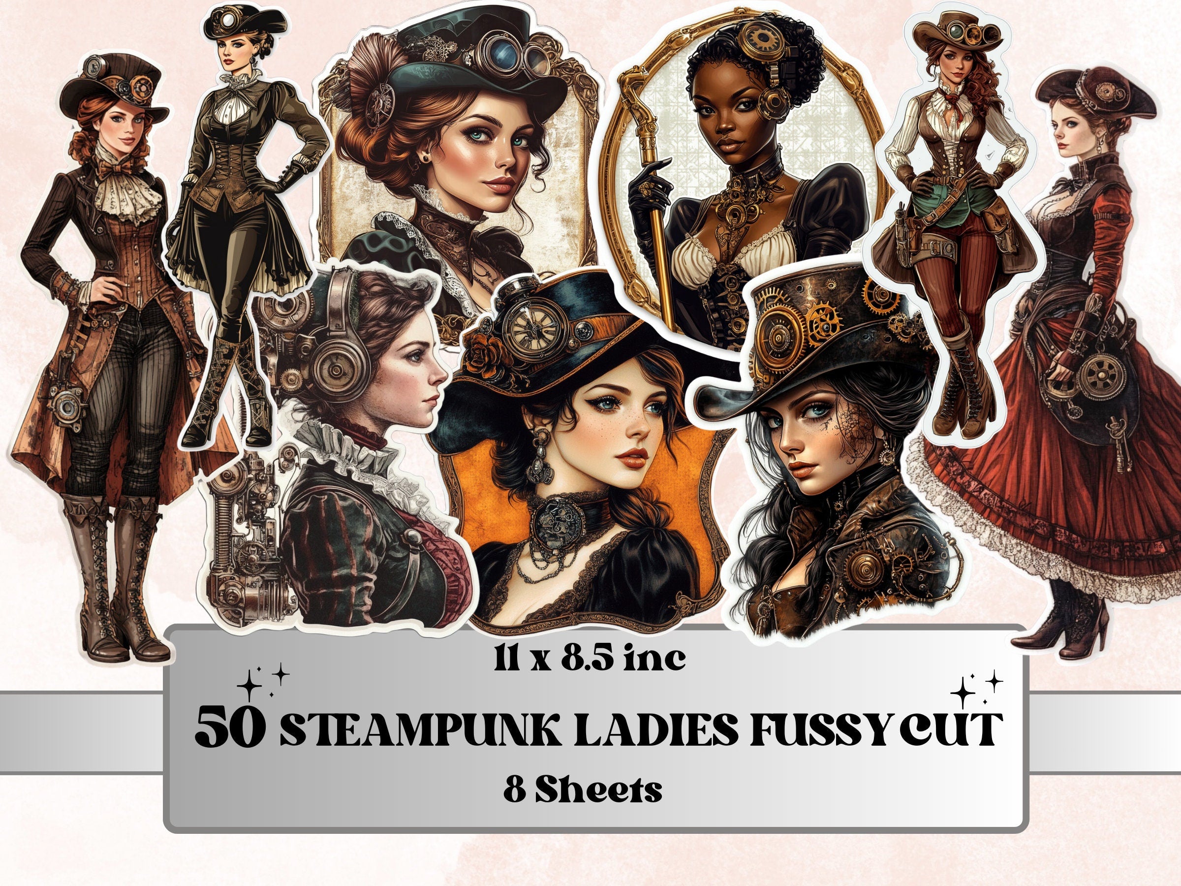 Whimsical Steampunk Lady Fussy Cut Pages, Vintage Woman Fussy Cut Ephemera Sheet, Steampunk Journal Add On Kit, Mixed Media Collage Sheet