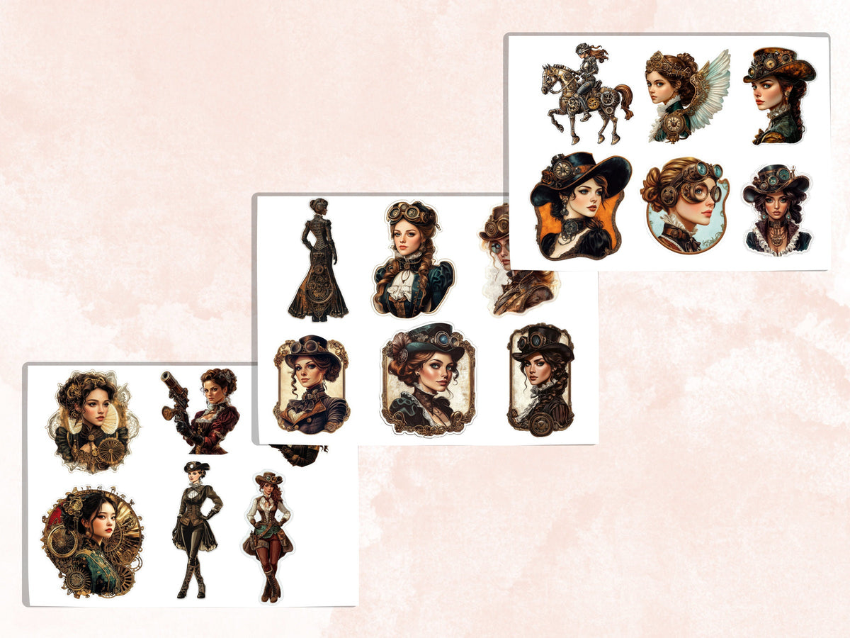 Whimsical Steampunk Lady Fussy Cut Pages, Vintage Woman Fussy Cut Ephemera Sheet, Steampunk Journal Add On Kit, Mixed Media Collage Sheet