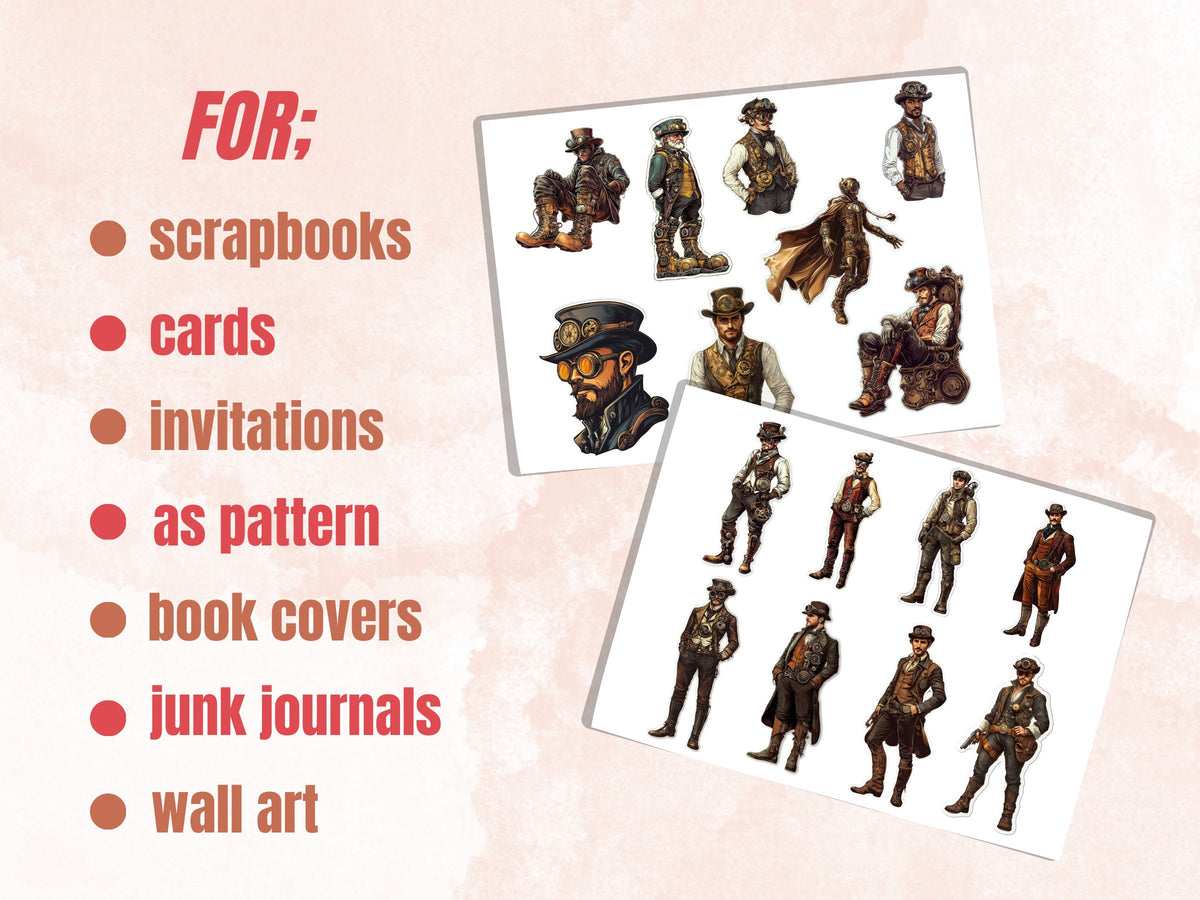 Whimsical Steampunk Gentlemen Fussy Cut Pages, Vintage Man Fussy Cut Ephemera Sheet, Steampunk Journal Add On Kit, Mixed Media Collage Sheet