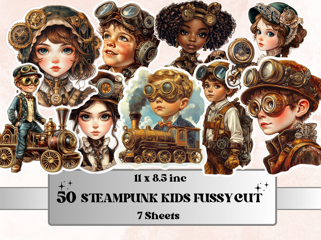 Whimsical Steampunk Kids Fussy Cut Pages, Vintage Kids Fussy Cut Ephemera Sheet, Steampunk Journal Add On Kit, Mixed Media Collage Sheet