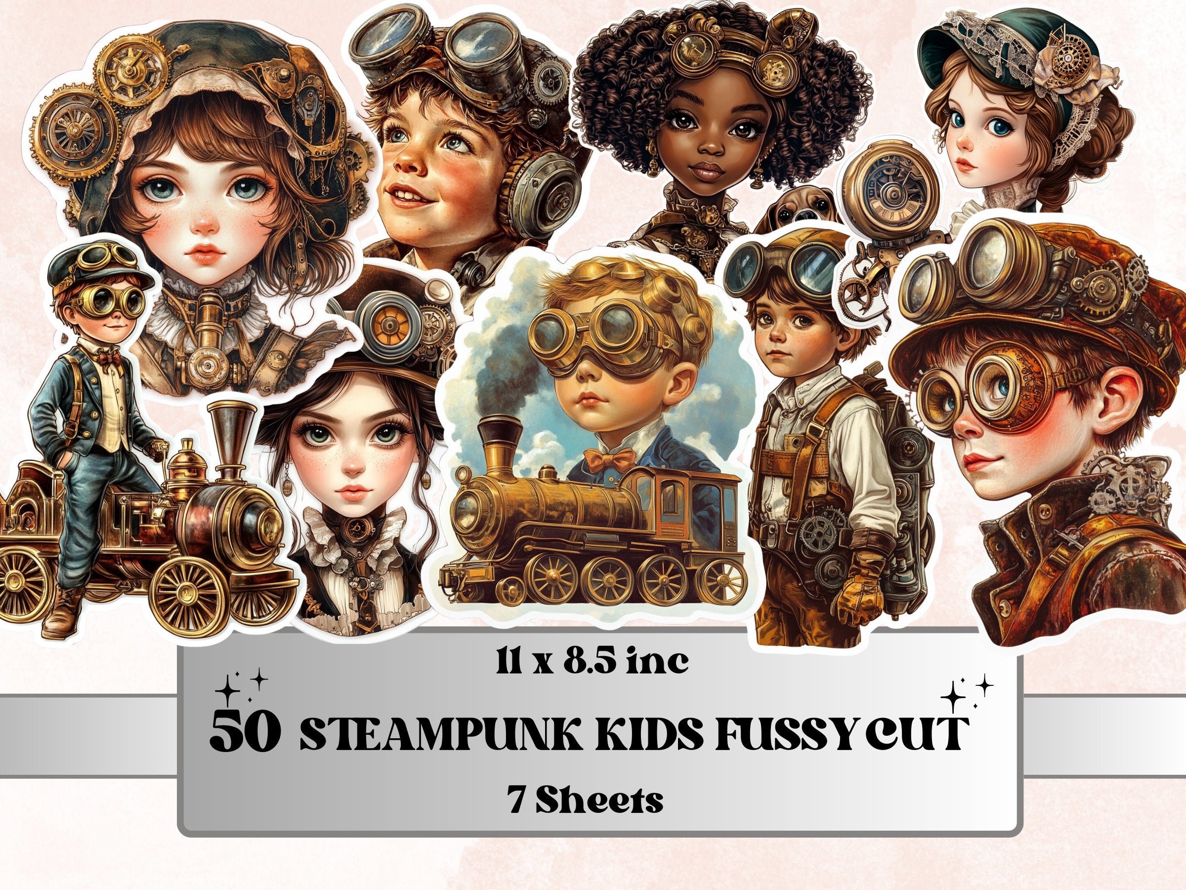 Whimsical Steampunk Kids Fussy Cut Pages, Vintage Kids Fussy Cut Ephemera Sheet, Steampunk Journal Add On Kit, Mixed Media Collage Sheet