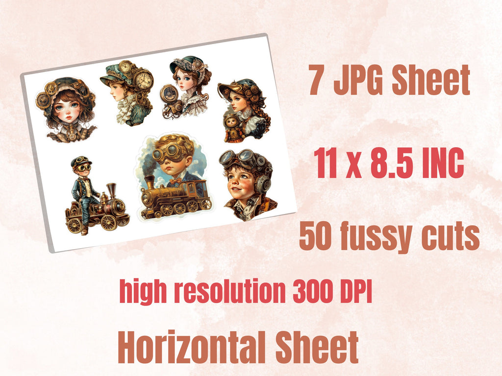Whimsical Steampunk Kids Fussy Cut Pages, Vintage Kids Fussy Cut Ephemera Sheet, Steampunk Journal Add On Kit, Mixed Media Collage Sheet