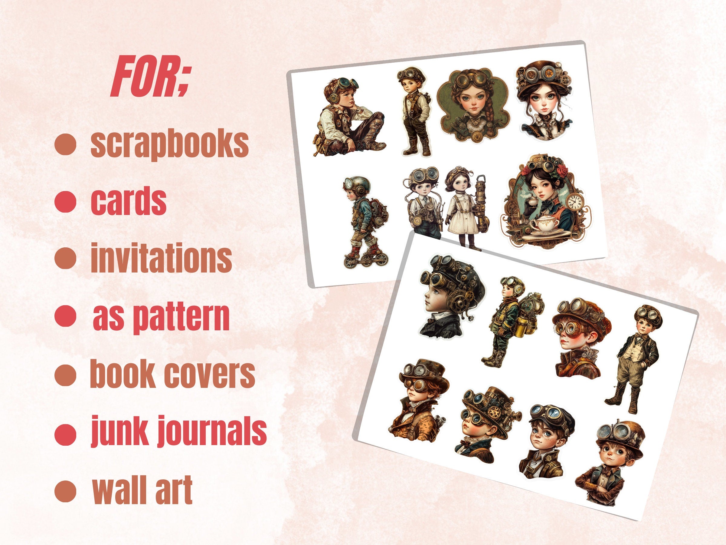Whimsical Steampunk Kids Fussy Cut Pages, Vintage Kids Fussy Cut Ephemera Sheet, Steampunk Journal Add On Kit, Mixed Media Collage Sheet