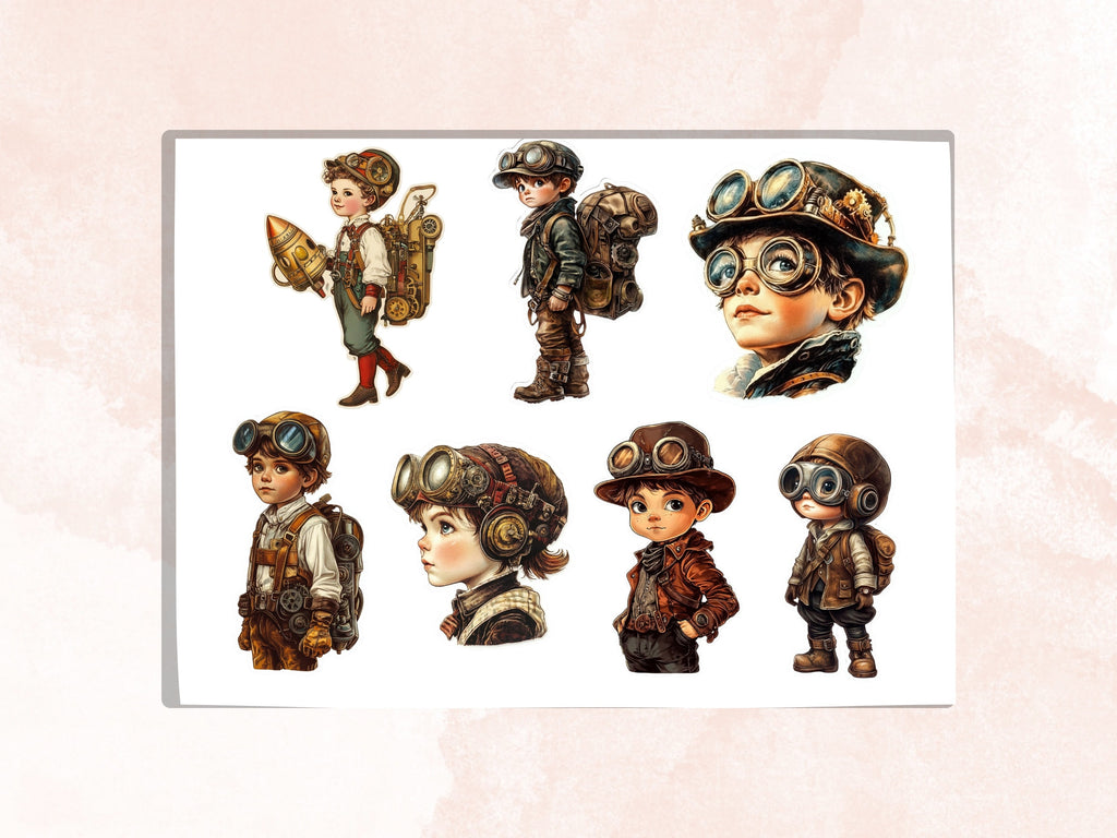 Whimsical Steampunk Kids Fussy Cut Pages, Vintage Kids Fussy Cut Ephemera Sheet, Steampunk Journal Add On Kit, Mixed Media Collage Sheet