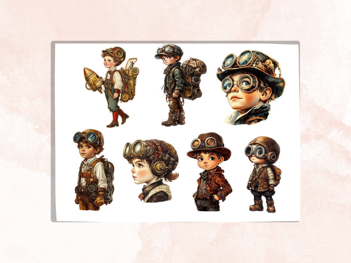 Whimsical Steampunk Kids Fussy Cut Pages, Vintage Kids Fussy Cut Ephemera Sheet, Steampunk Journal Add On Kit, Mixed Media Collage Sheet