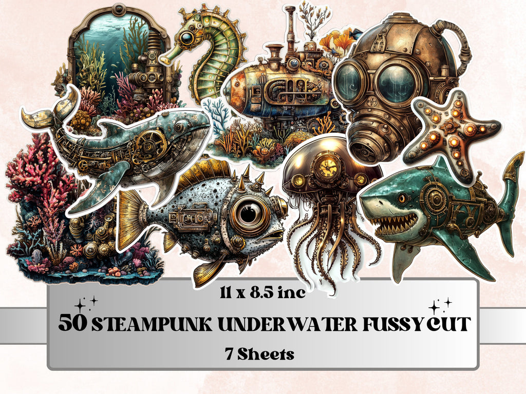Steampunk Underwater Fussy Cut Pages, Vintage Ocean Fussy Cut Ephemera Sheet, Steampunk Sea Journal Add On Kit, Mixed Media Collage Sheet
