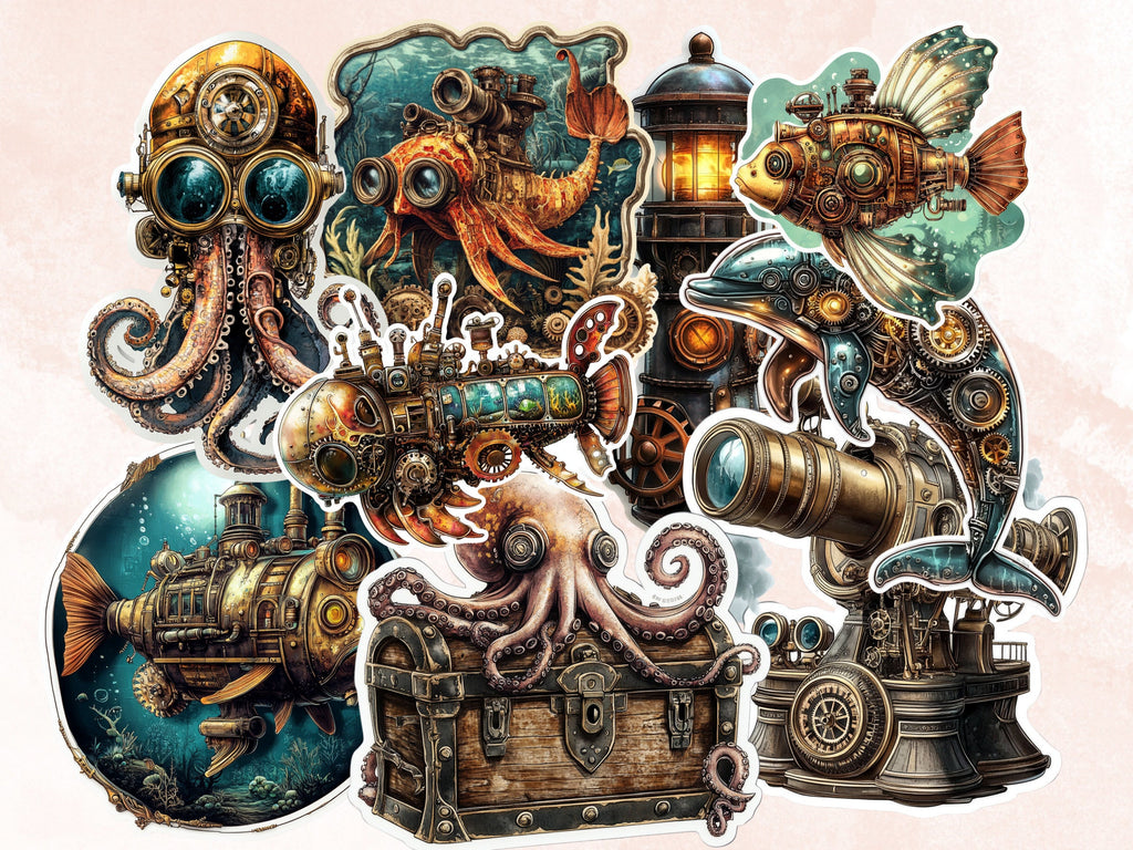 Steampunk Underwater Fussy Cut Pages, Vintage Ocean Fussy Cut Ephemera Sheet, Steampunk Sea Journal Add On Kit, Mixed Media Collage Sheet