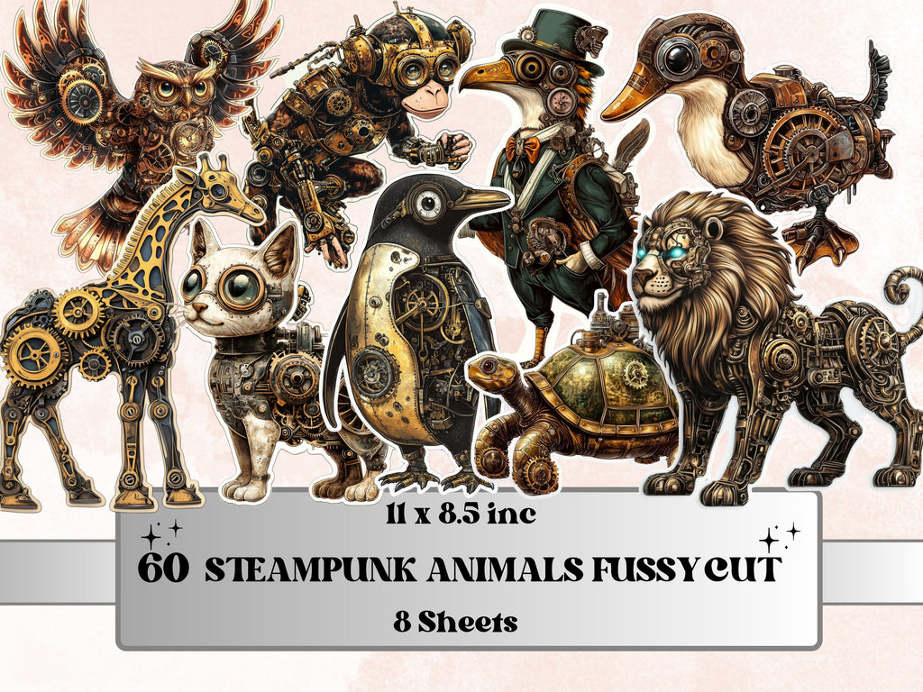 Steampunk Animals Fussy Cut Pages, Vintage Animal Fussy Cut Ephemera Sheet, Cute Steampunk Journal Add On Kit, Mixed Media Collage Sheet