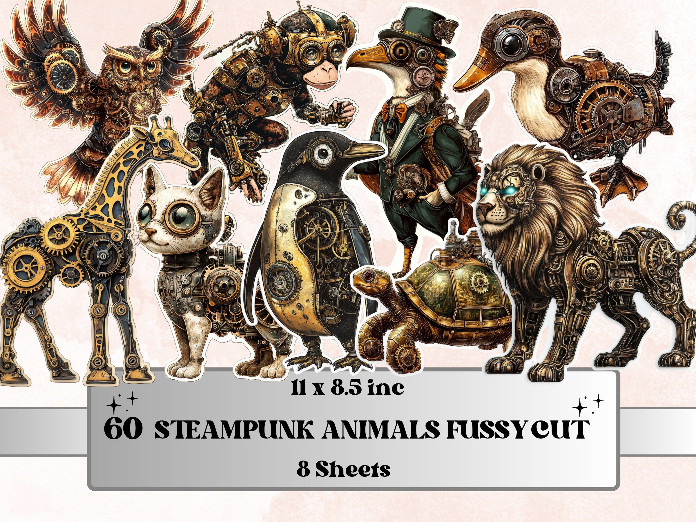 Steampunk Animals Fussy Cut Pages, Vintage Animal Fussy Cut Ephemera Sheet, Cute Steampunk Journal Add On Kit, Mixed Media Collage Sheet