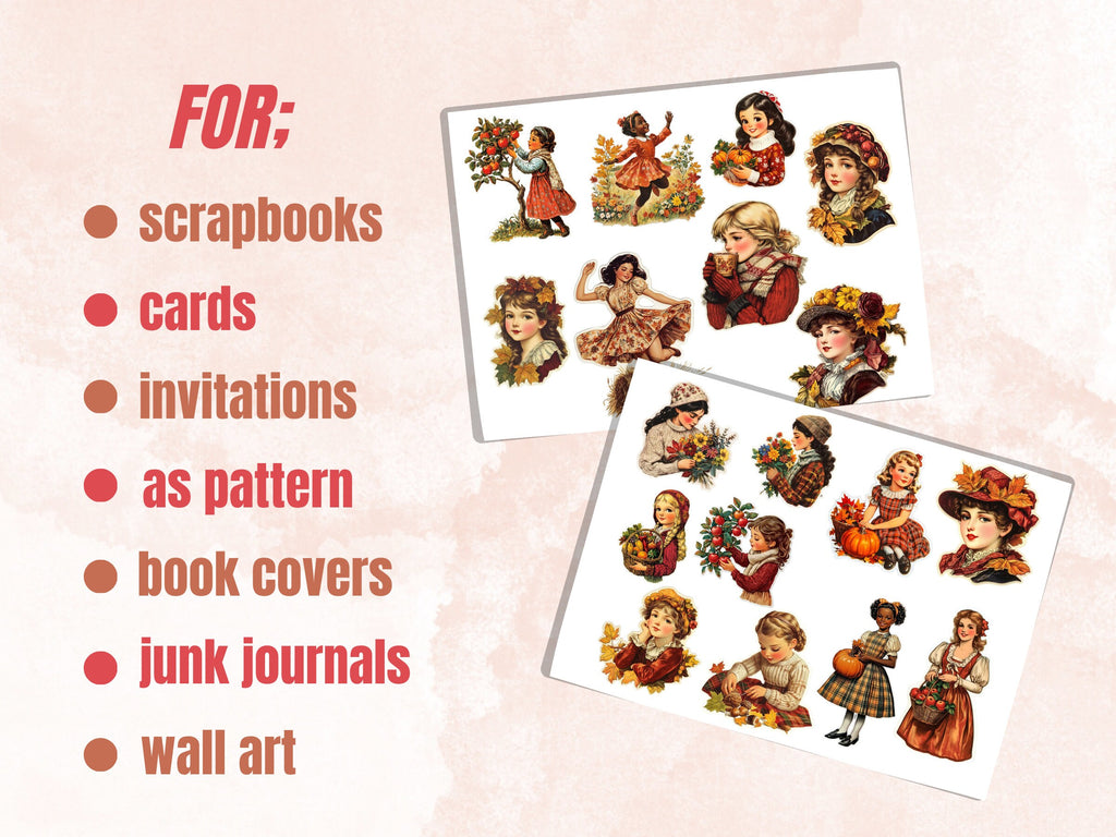 Fall Girls Fussy Cut Pages, Vintage Autumn Girl Fussy Cut Ephemera, Rustic Fall Add On Journal Kit, Cozy Scrapbooking, Cottage Sticker Set