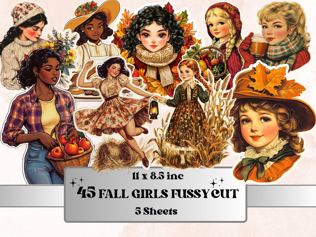 Fall Girls Fussy Cut Pages, Vintage Autumn Girl Fussy Cut Ephemera, Rustic Fall Add On Journal Kit, Cozy Scrapbooking, Cottage Sticker Set