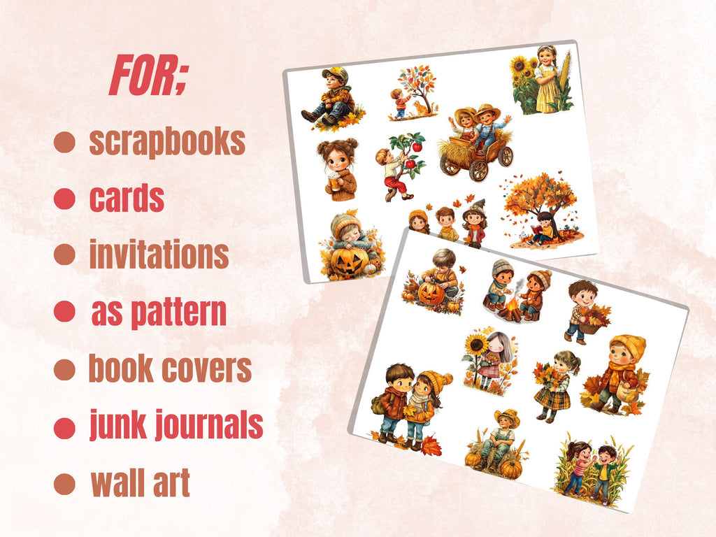 Fall Kids Fussy Cut Pages, Vintage Autumn Kids Fussy Cut Ephemera, Rustic Fall Add On Journal Kit, Cozy Scrapbooking, Cottage Sticker Set