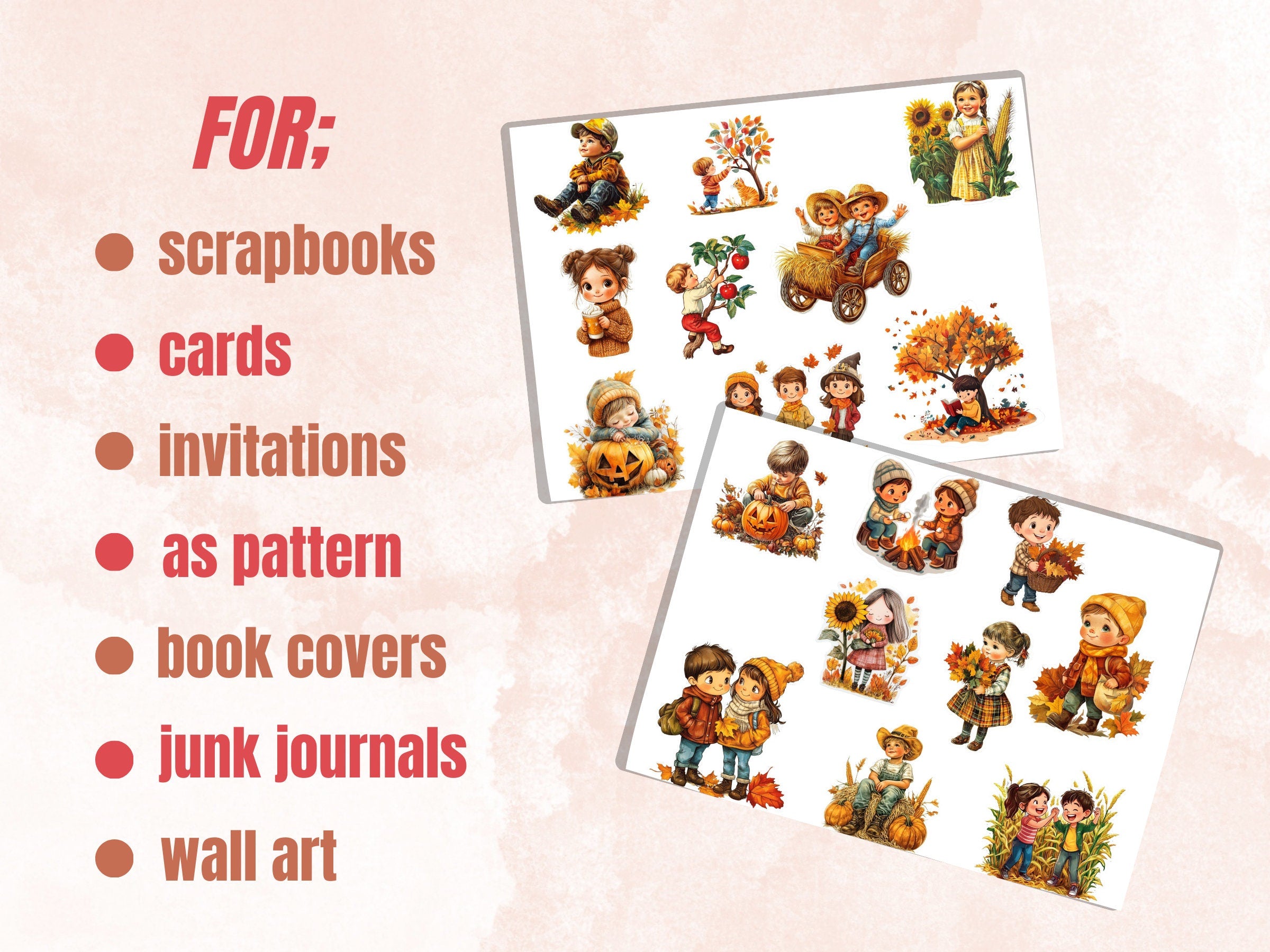 Fall Kids Fussy Cut Pages, Vintage Autumn Kids Fussy Cut Ephemera, Rustic Fall Add On Journal Kit, Cozy Scrapbooking, Cottage Sticker Set