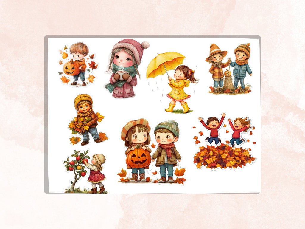 Fall Kids Fussy Cut Pages, Vintage Autumn Kids Fussy Cut Ephemera, Rustic Fall Add On Journal Kit, Cozy Scrapbooking, Cottage Sticker Set